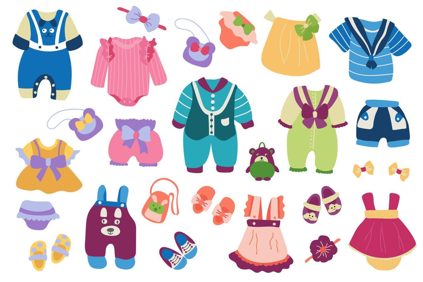 A set of children's clothes and accessories. Drawn style. White background, isolate. Vector illustration.