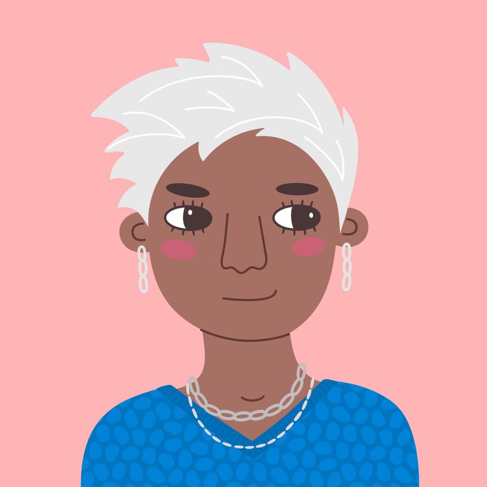 Portrait of a smiling black woman with pixie haircut. Vector flat illustration of an adult modern lady with gray hair and jewelry in a blue sweater. Hand drawn cartoon avatar for social network.