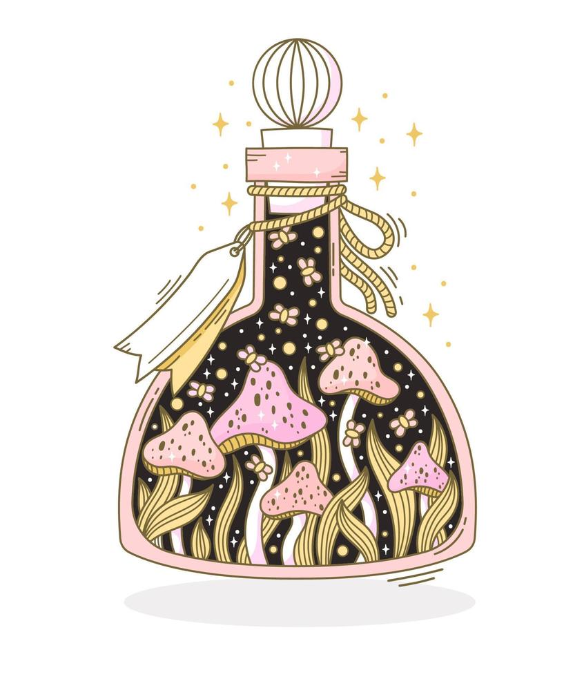 Hand drawn bottle with magic potion in fantasy style on white background. Doodle vector illustration of vial with scary occult objects like mushrooms, flies and rope tied tag.