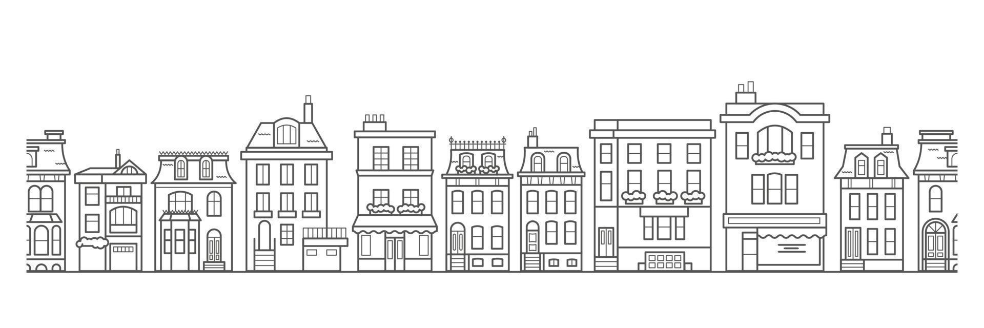 European buildings skyline. Linear cityscape with various row houses. Outline seamless border with old Dutch buildings. vector