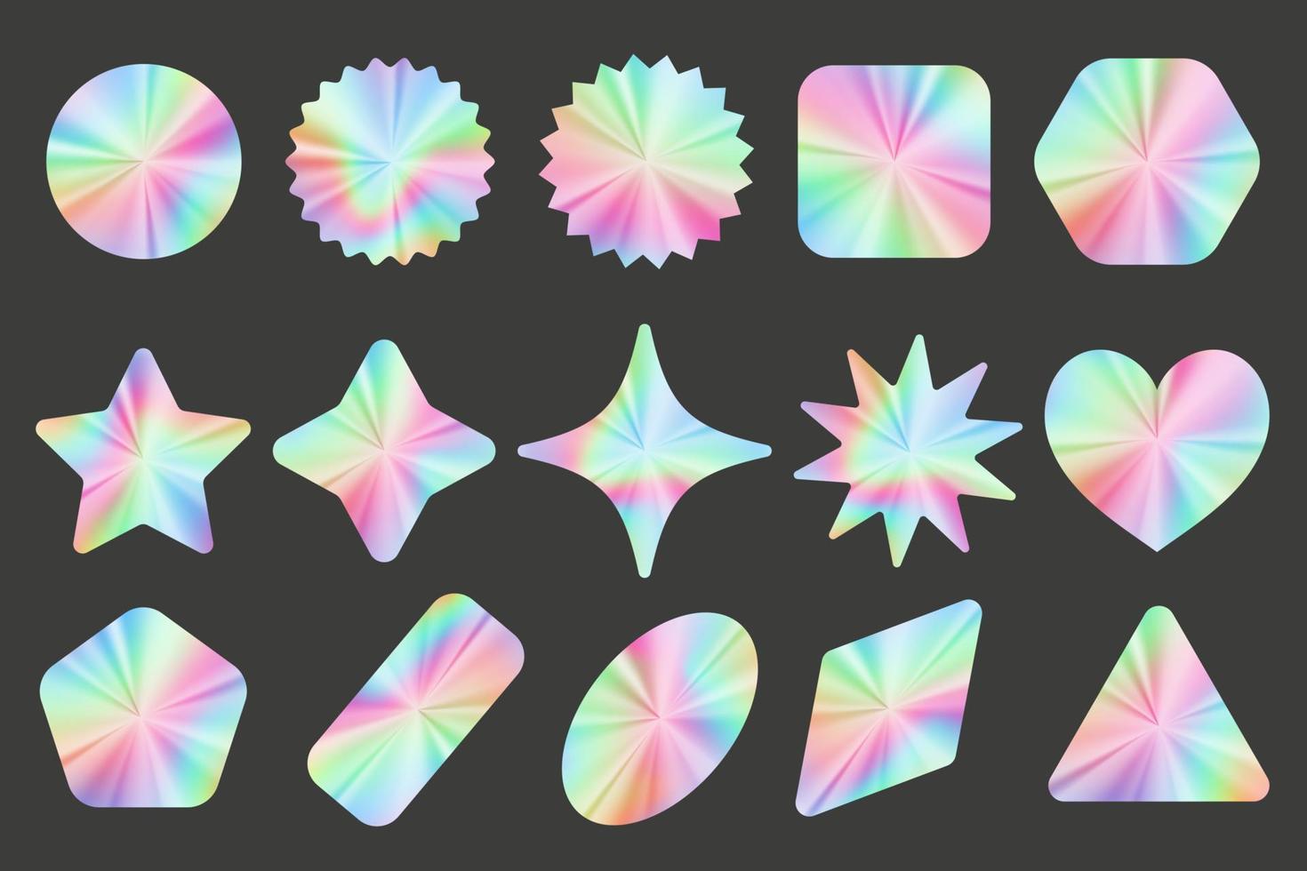 Holographic stickers set. Silver label gradient stamps. Metal texture badges. Iridescent rainbow foil in different geometric shapes. Vector neon emblems.