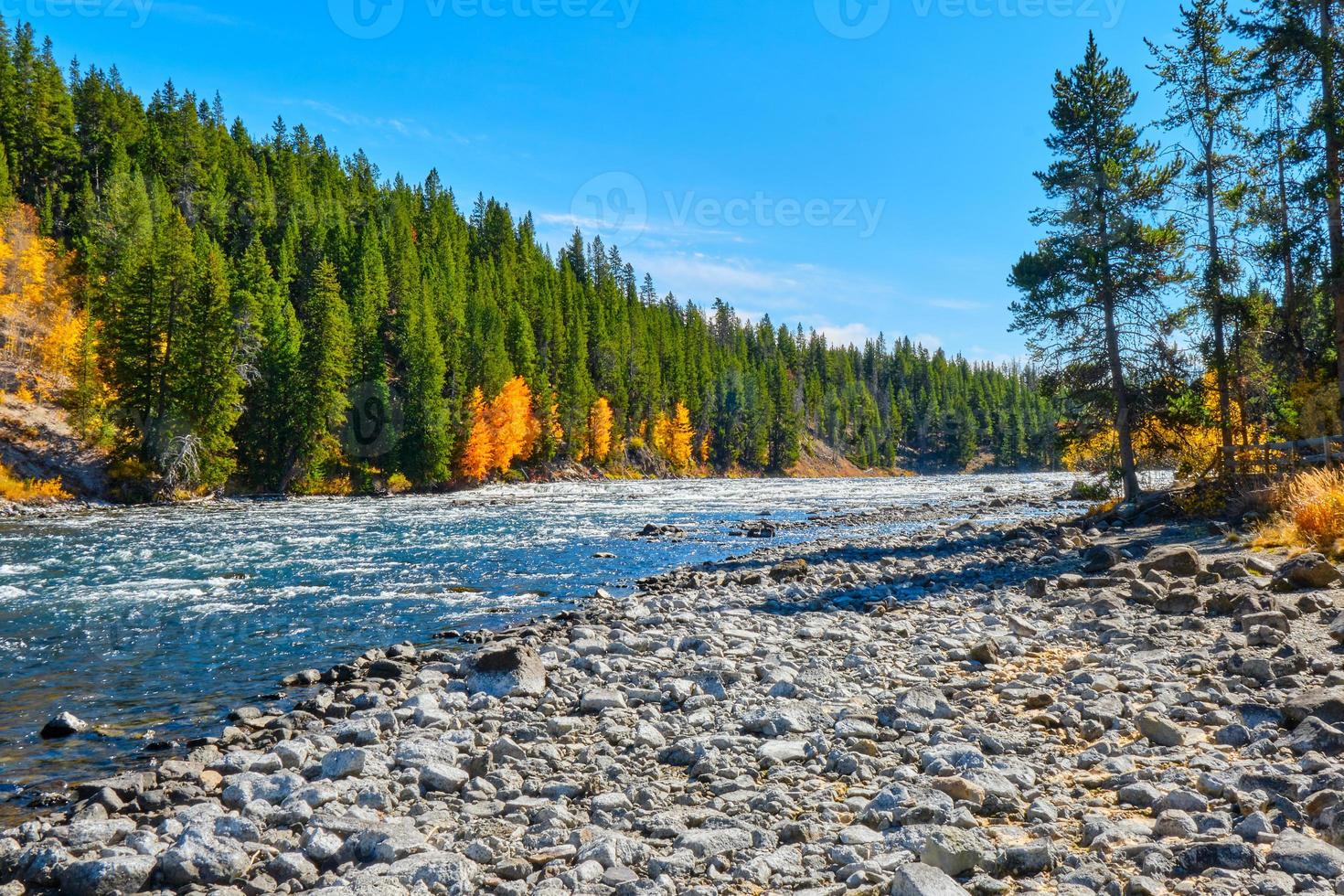 río de piedra amarilla y colores de otoño en una tarde soleada de otoño foto