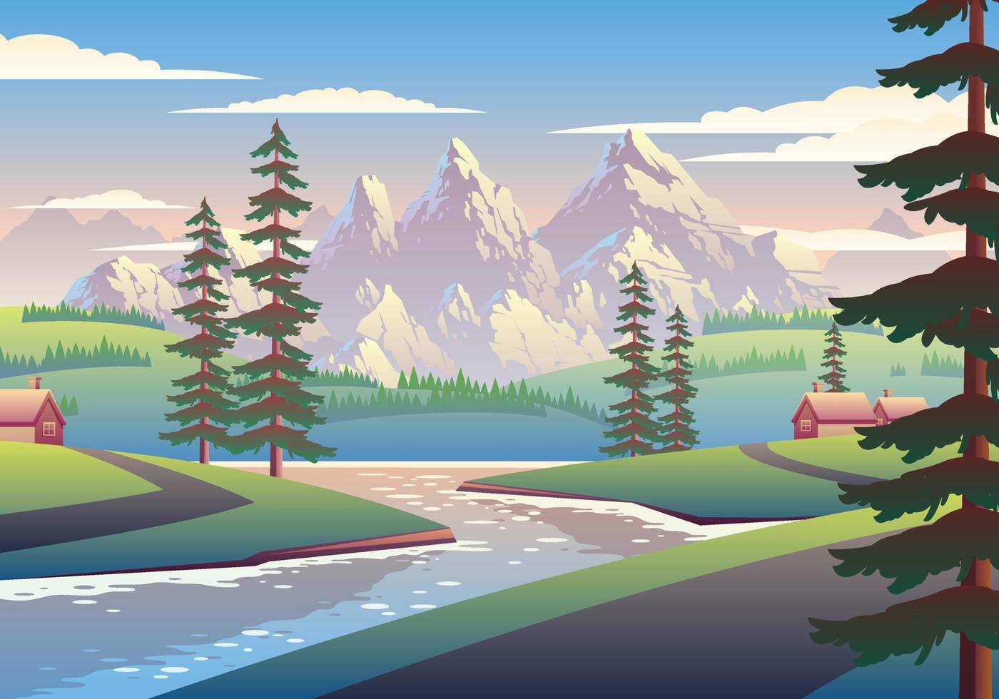 ilustración de paisaje de pueblo y montaña vector