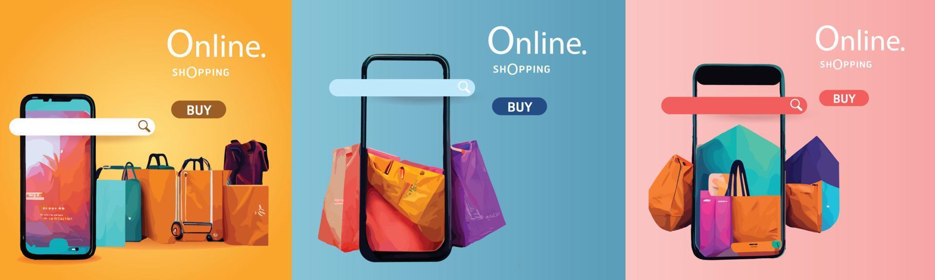 compras en línea en el teléfono comprar vender negocio digital web banner aplicación dinero publicidad pago comercio electrónico ilustración vectorial buscar vector