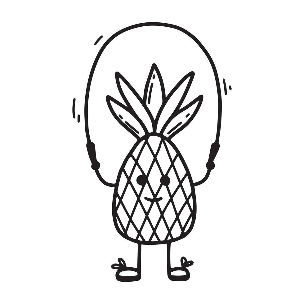 Cute pineapple jump rope. Sports, hobbies, exercise. Doodle style. Vector pineapple in kawaii style. Sports healthy pineapple. The concept of doing sports.