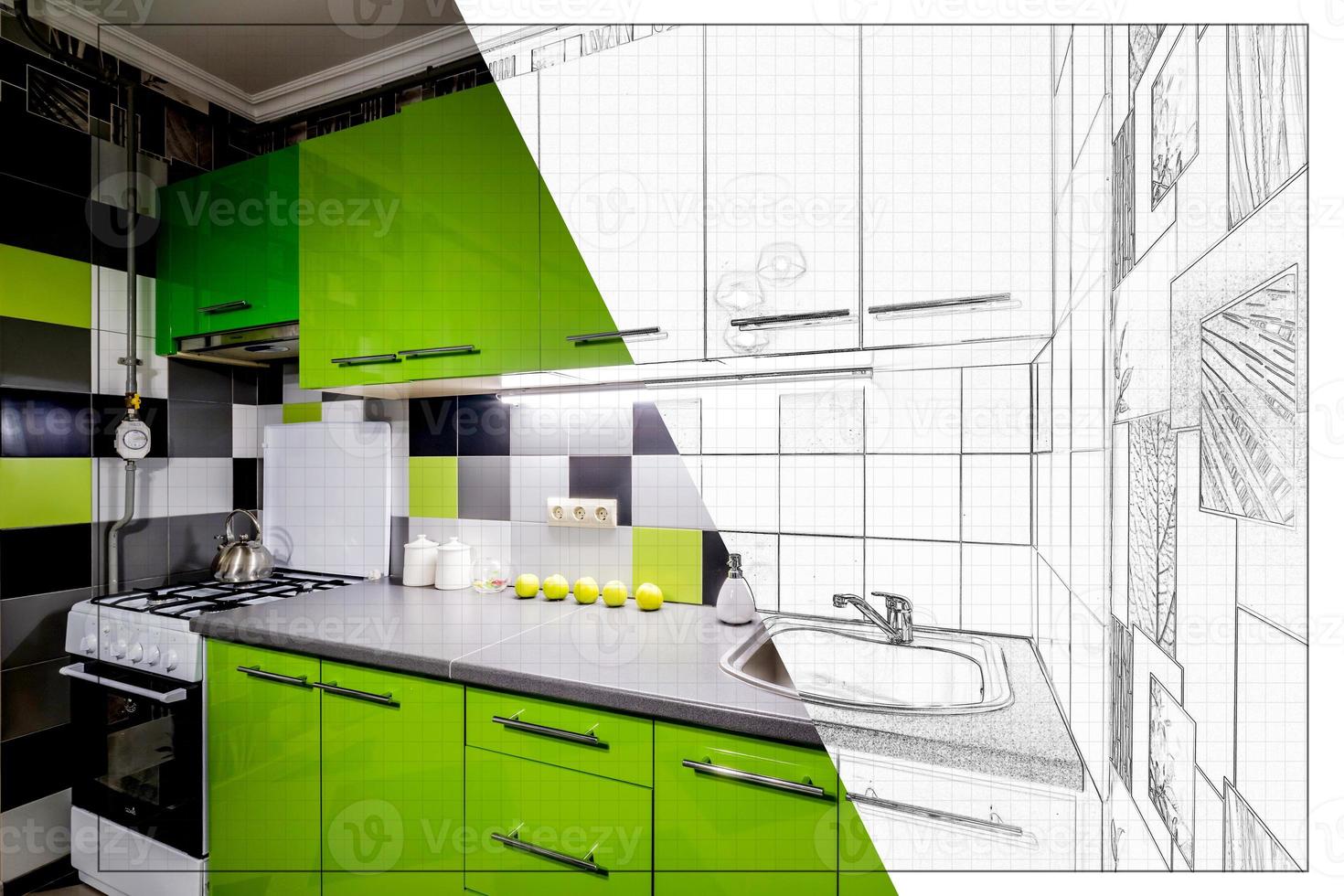Interior of the modern luxure kitchen with guest table in studio apartments in minimalistic style with green color photo