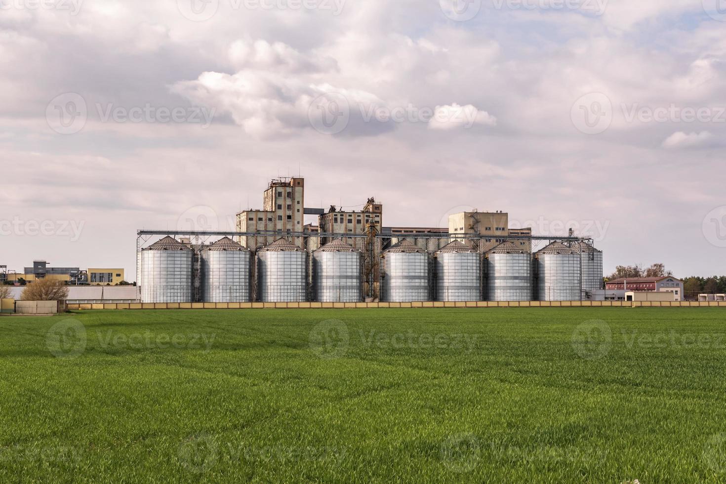 agro silos granary elevator with seeds cleaning line on agro-processing manufacturing plant for processing drying cleaning and storage of agricultural products, flour, cereals and grain. photo