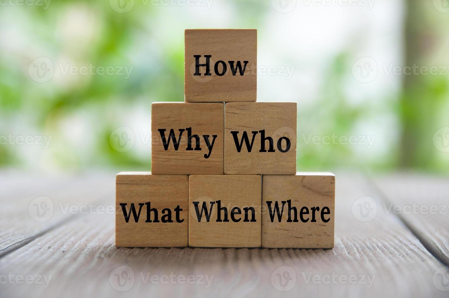 Text on wooden blocks with blurred nature background - How, Why, What, When, Where, Who. Fact finding concept photo