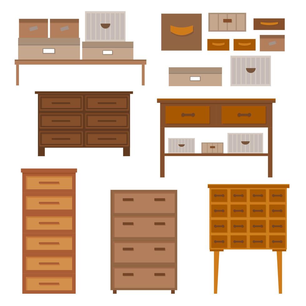 Set of modern wooden furniture for home office or bedroom, living room. Chest of drawers, wardrobes, shelves and storage boxes isolated on white background vector