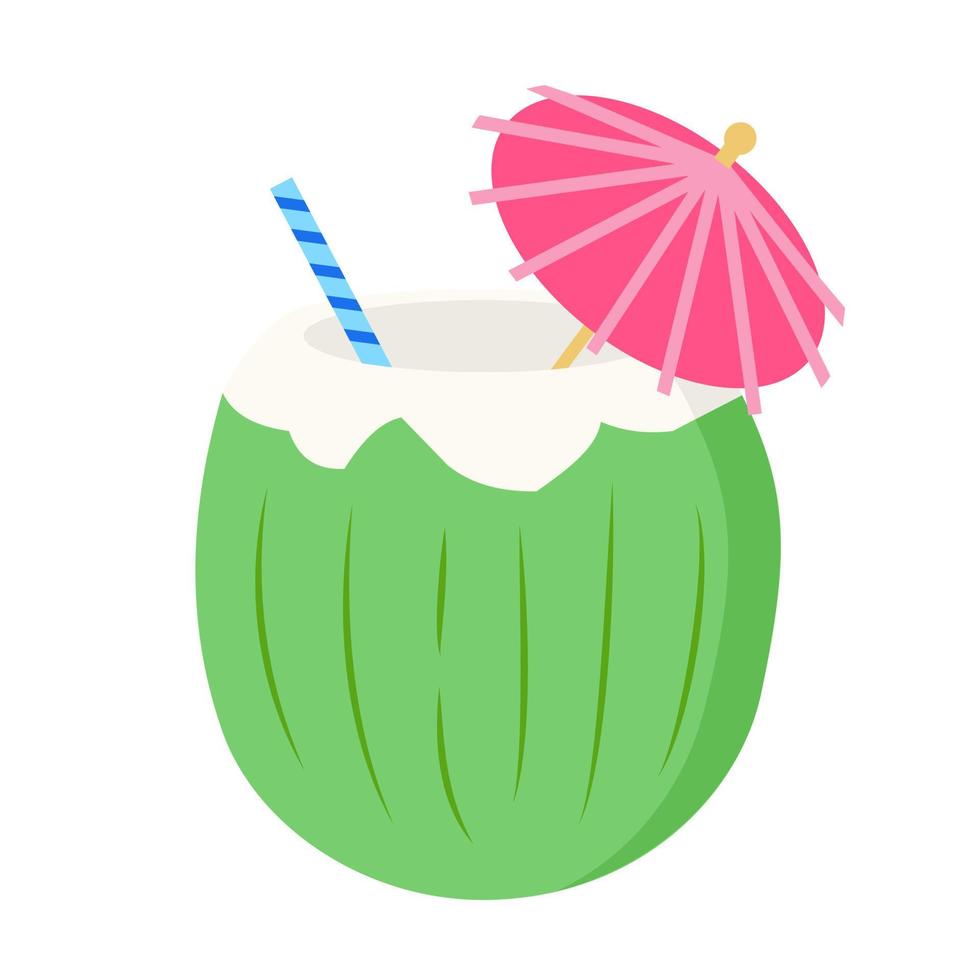 Green coconut water with paper umbrella and drinking straw. Vector illustration isolated on white background. Exotic tropical drink, summer paradise.