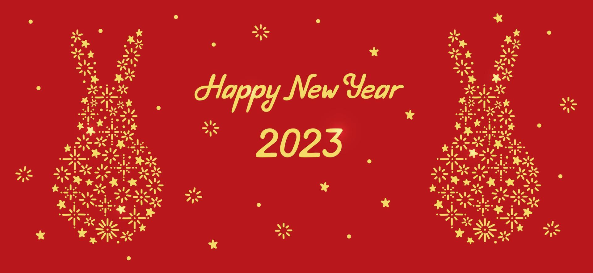 tarjeta de felicitación de año nuevo 2023 con silueta de conejo. copos de nieve y estrellas liebre forma fondo de garabato dibujado a mano. plantilla de banner de invierno para web e impresión vector