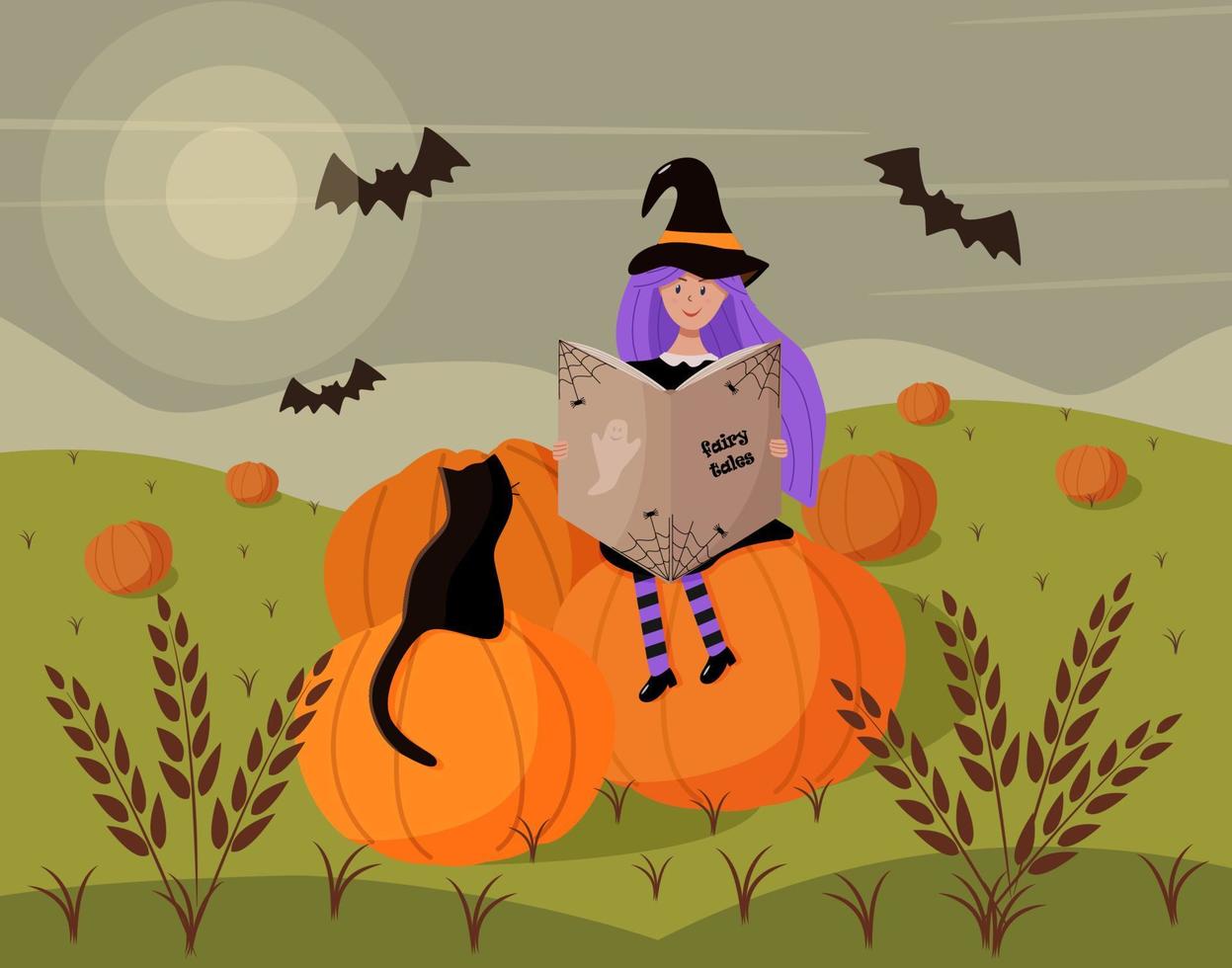 A girl in a witch costume is sitting on a pumpkin with a cat and a book. Halloween cartoon scene. Vector illustration of a wheat field with pumpkins and bats.
