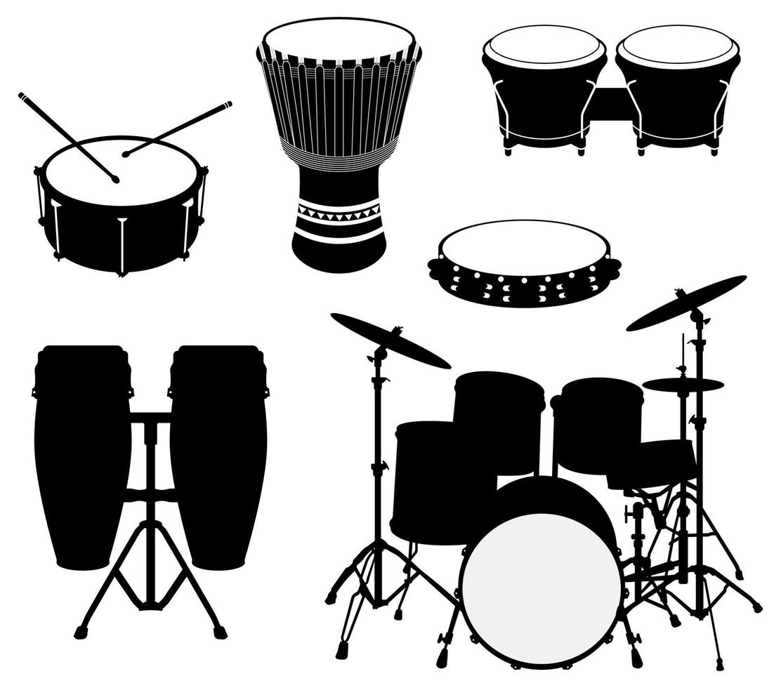 Set Of Drums Silhouette, Percussion musical instrument vector