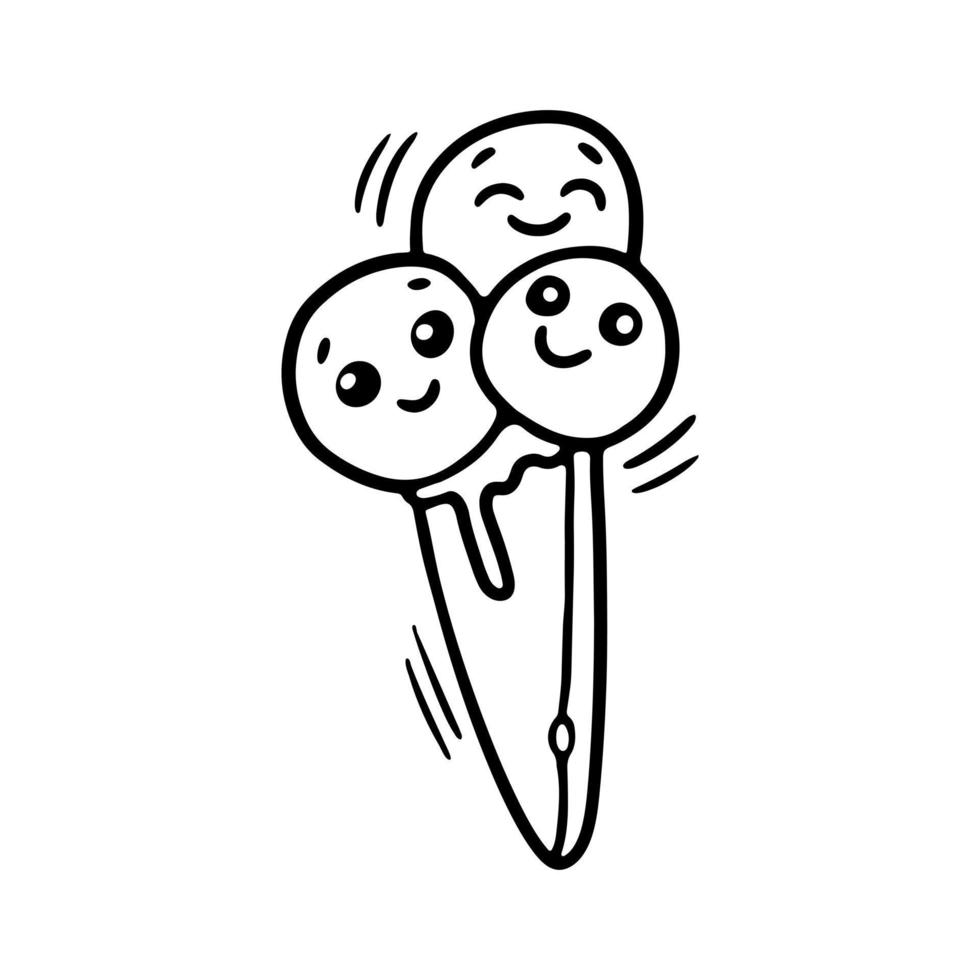 Ilustración de vector de dibujos animados de doodle de contorno de cono de helado kawaii. cara de personaje divertido con emoción alegre para colorear libro