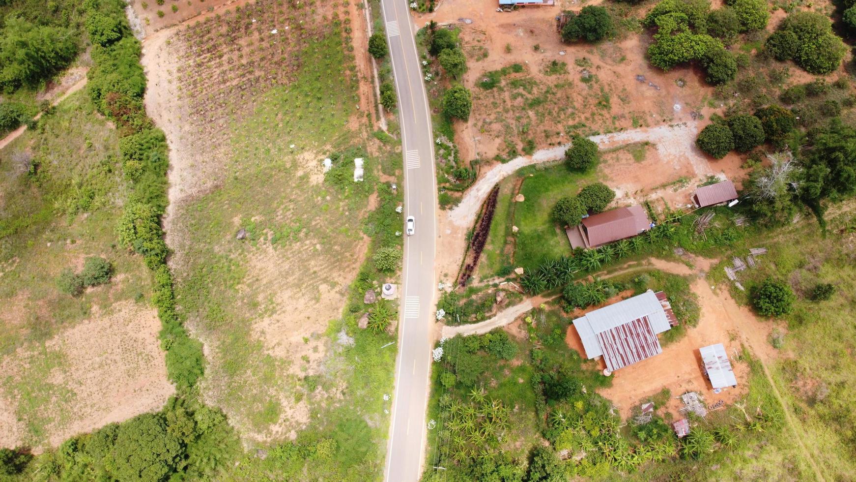 Beautiful aerial view to road with moutains and forest captured from above, photo