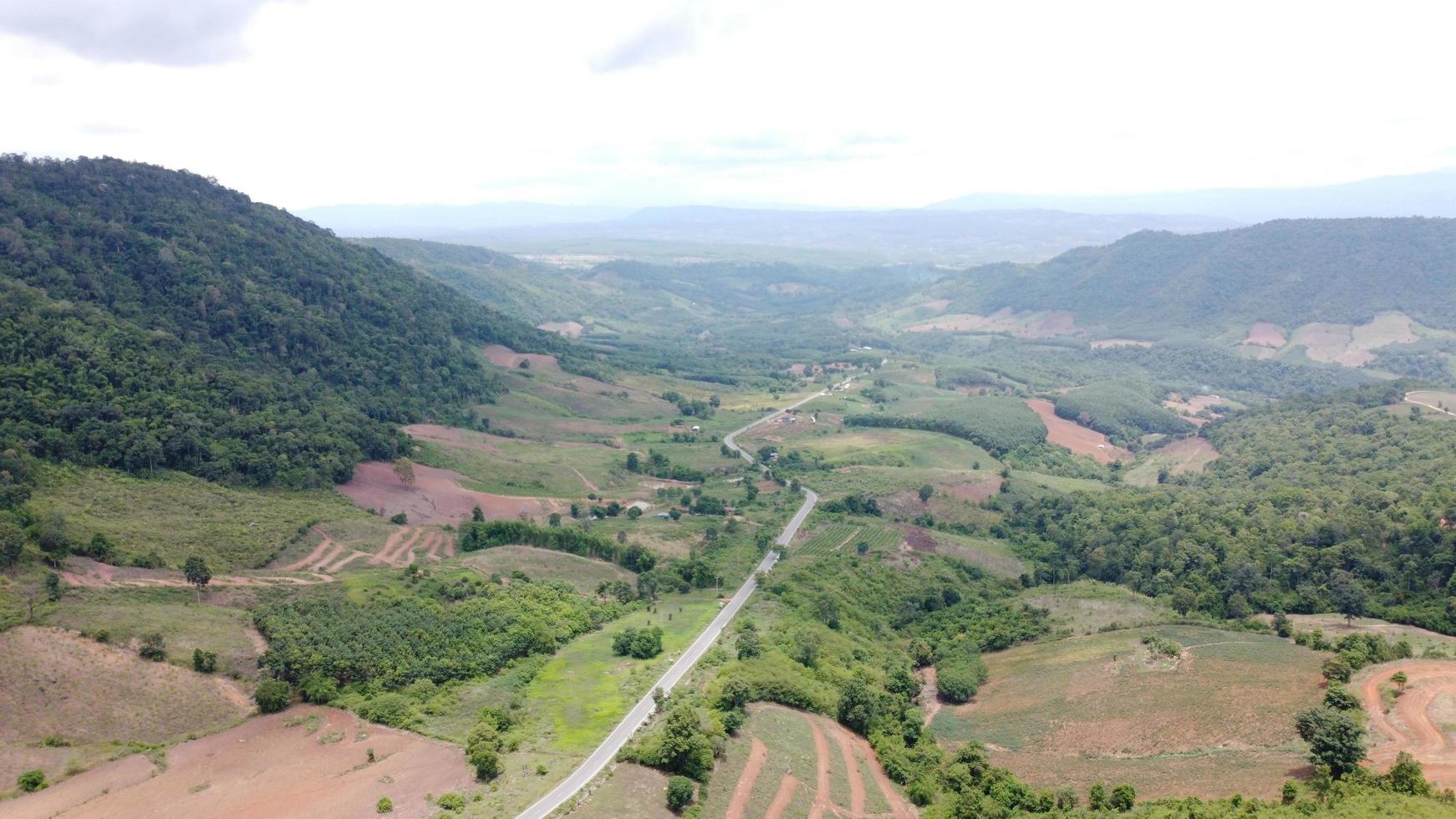 Beautiful aerial view to road with moutains and forest captured from above, photo