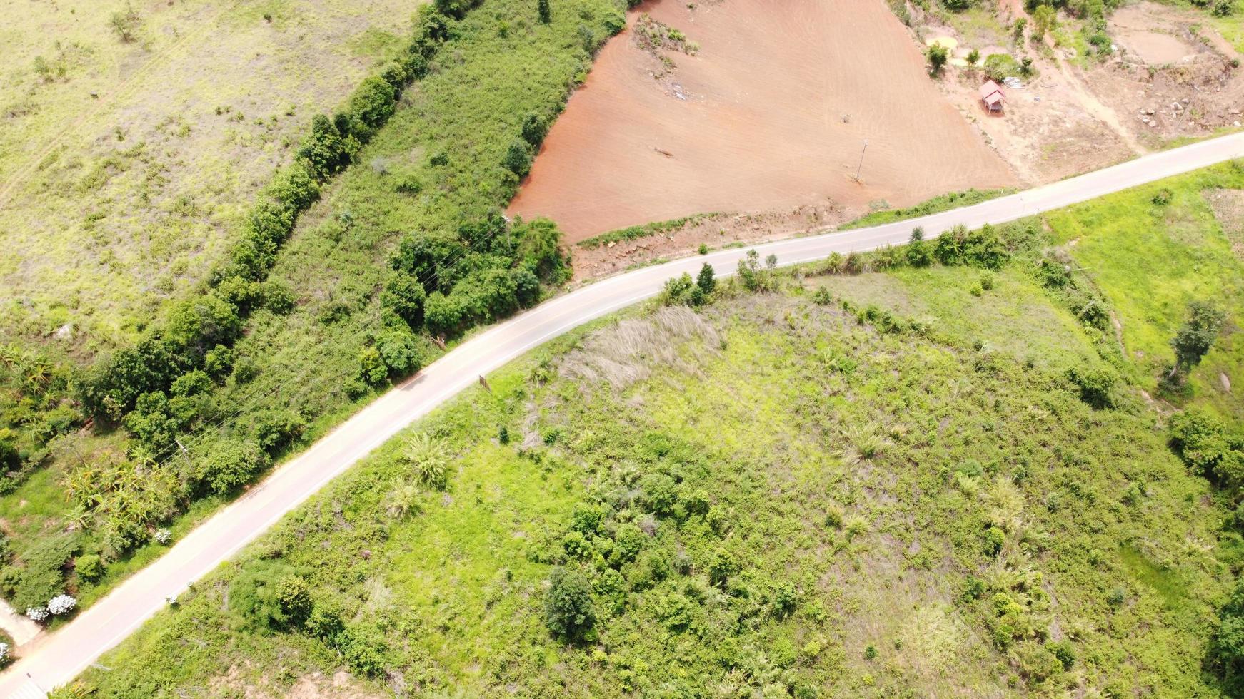 Beautiful aerial view to road with moutains and forest captured from above, photo