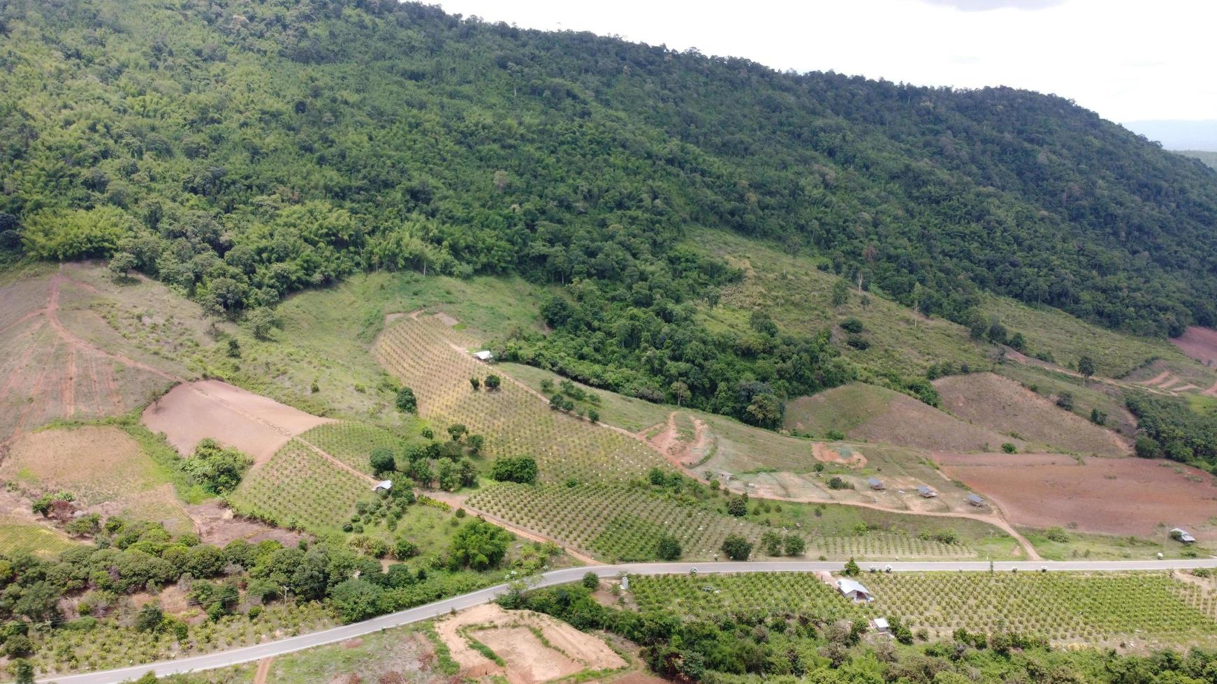 Beautiful aerial view to road with moutains and forest captured from above, photo