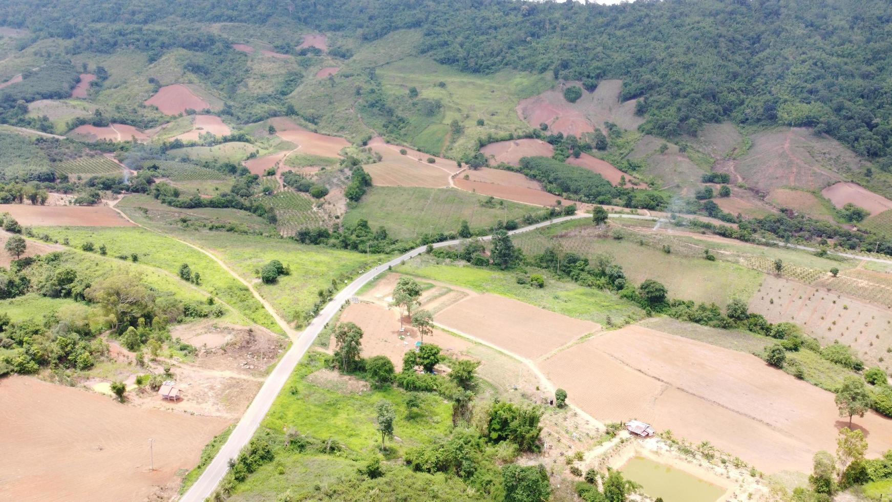 Beautiful aerial view to road with moutains and forest captured from above, photo