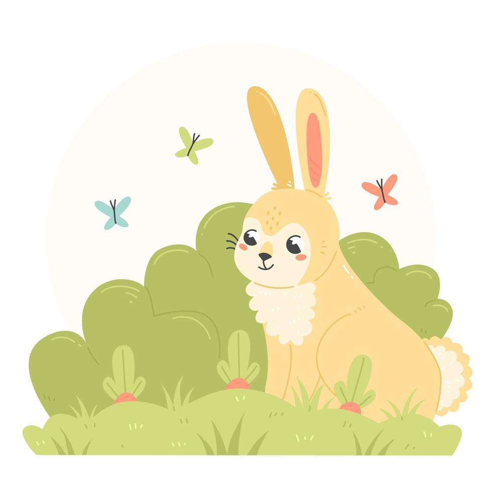 A rabbit sits next to a growing carrot in a cartoon flat style. The bunny character grows crops. Vector spring or summer illustration.