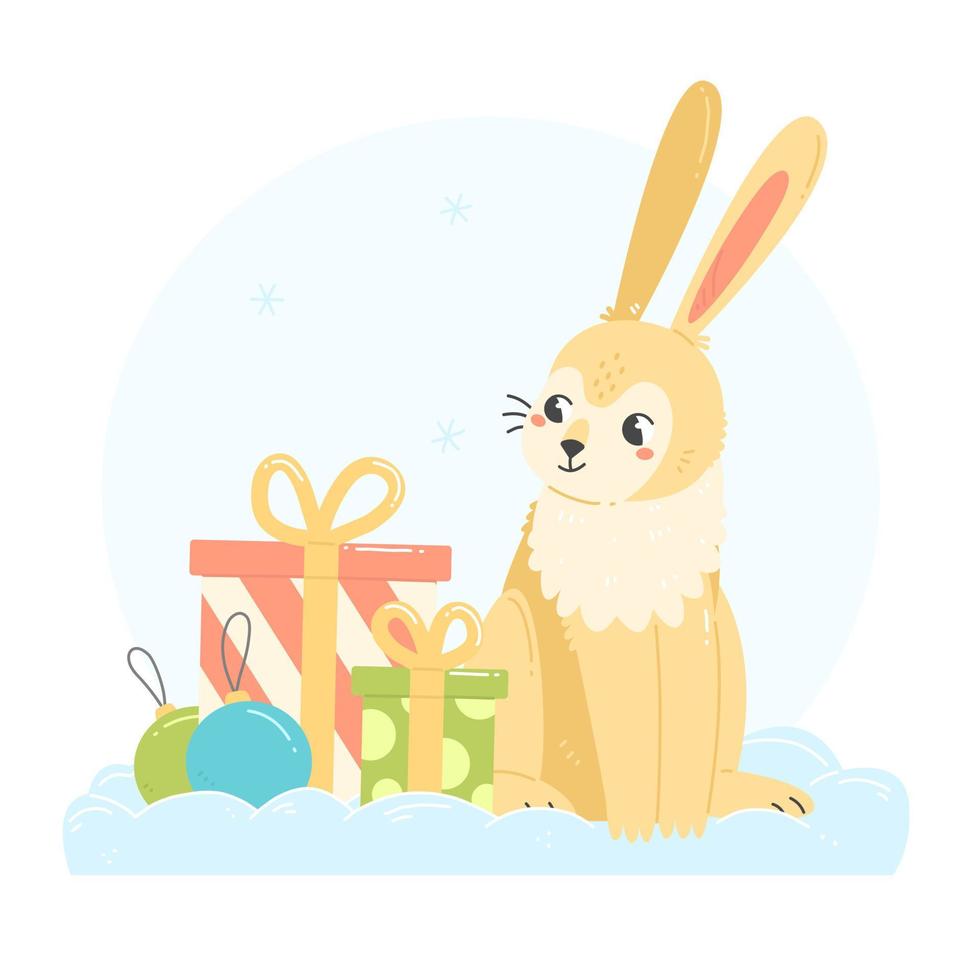 A rabbit with gifts in a cartoon flat style. Bunny character in the snow with gifts and Christmas toys. Vector New Year's Christmas illustration. Winter 2023.