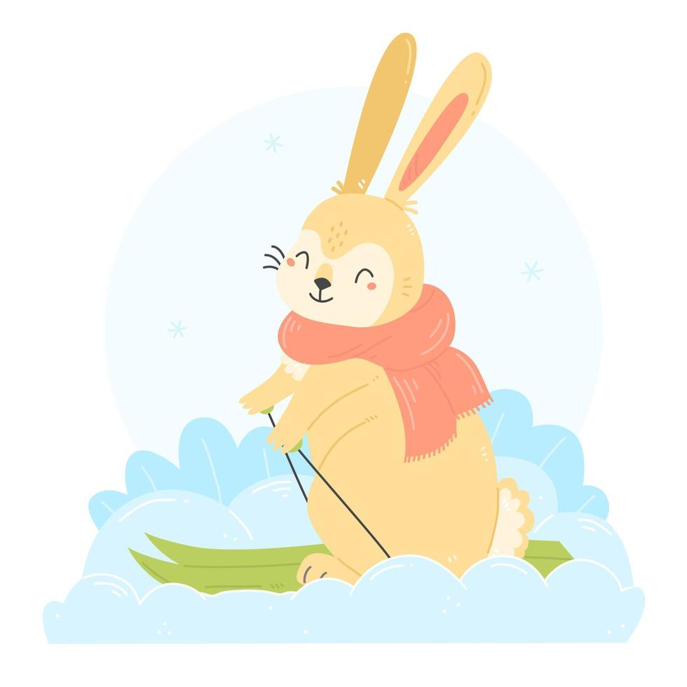 Happy bunny skiing in cartoon flat style. The bunny character is skiing. Vector New Year's Christmas illustration. Winter 2023.