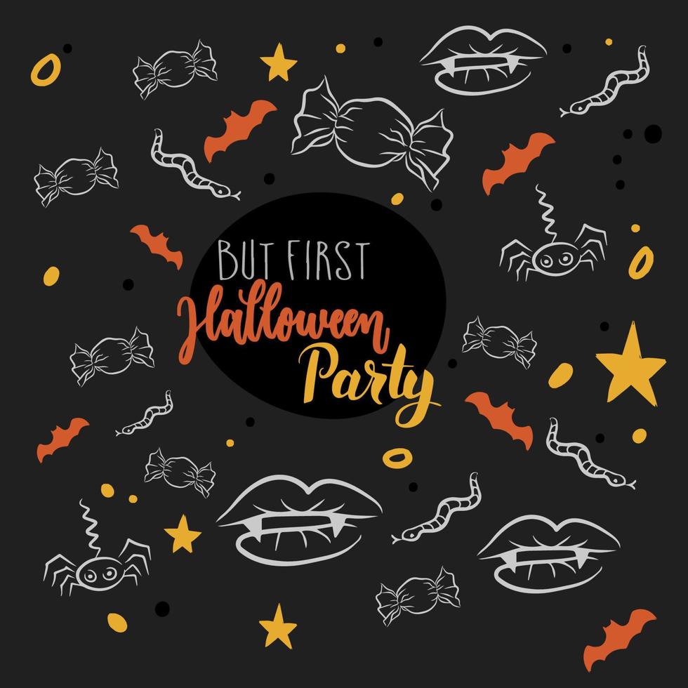 But the first Halloween party, set with card decoration, sharp fangs, spiders, snakes and candy vector