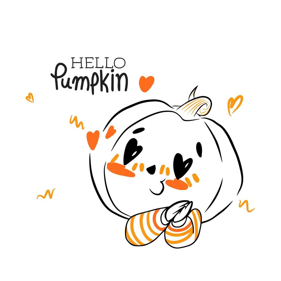 Hello pumpkin, handwritten quotes, cute illustration with funny pumpkin with heart eyes vector