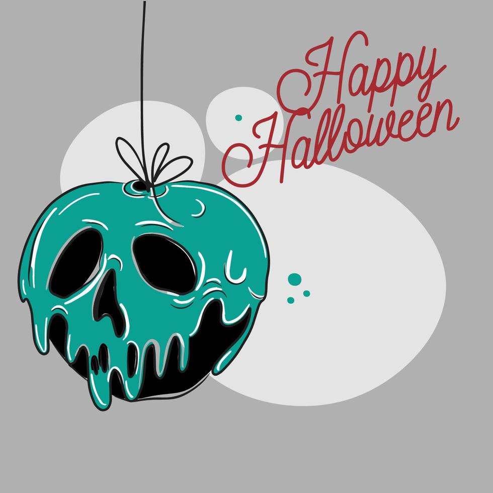 feliz halloween, citas escritas a mano, una manzana en forma de calavera en una cuerda vector