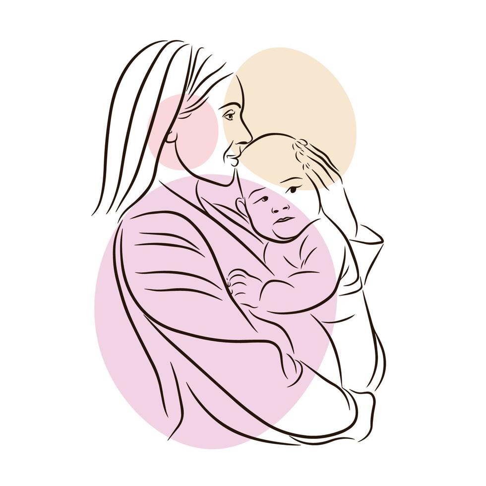 A young mother holds a baby in her arms, love, mother hugs and kisses a newborn, warm feelings, line vector