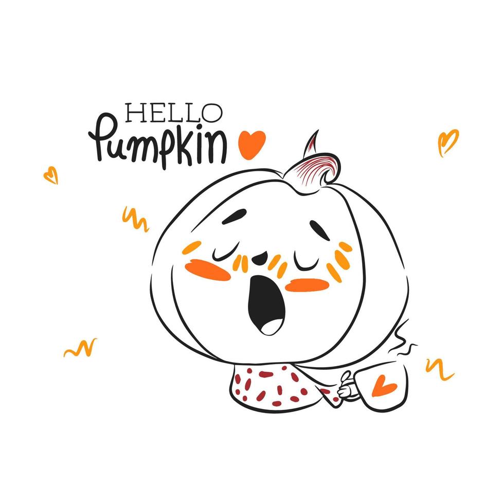 Hello pumpkin, handwritten quotes, cute illustration with funny pumpkin vector