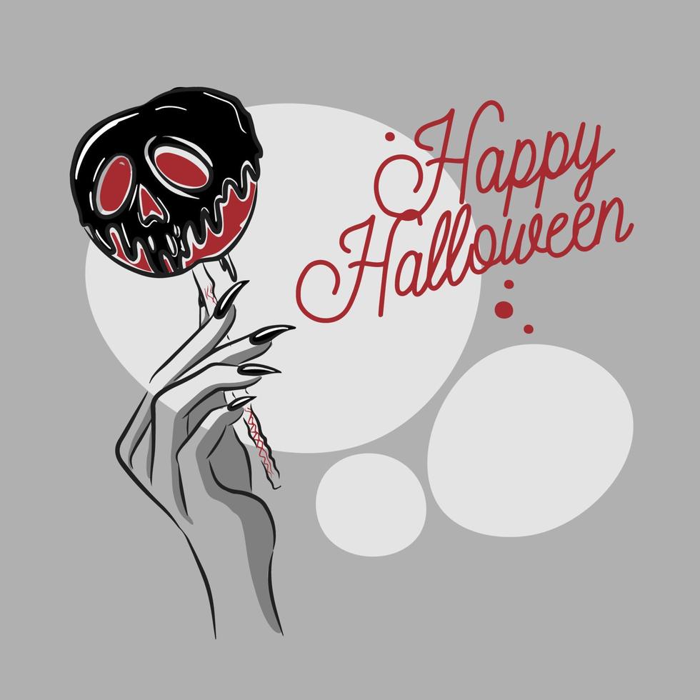 Happy Halloween, handwritten quotes, an apple in the form of a skull in a hand with long nails vector