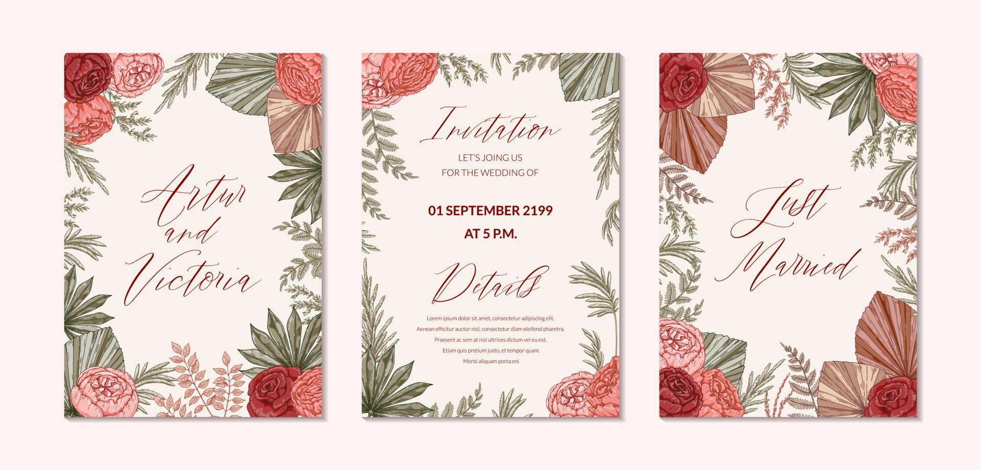 Set of modern vertical boho wedding designs for invitation, greeting cards, posters. Save the date. Hand drawn vector illustration