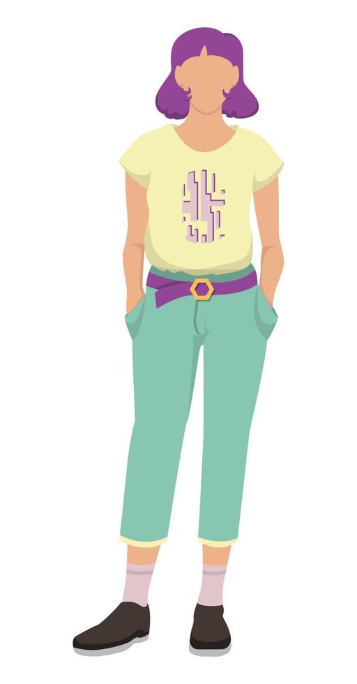 Stylish girl with short purple hair. She stands and holds her hands in pockets. Yellow shirt with designer print and breeches. Vector illustration isolated on white background.