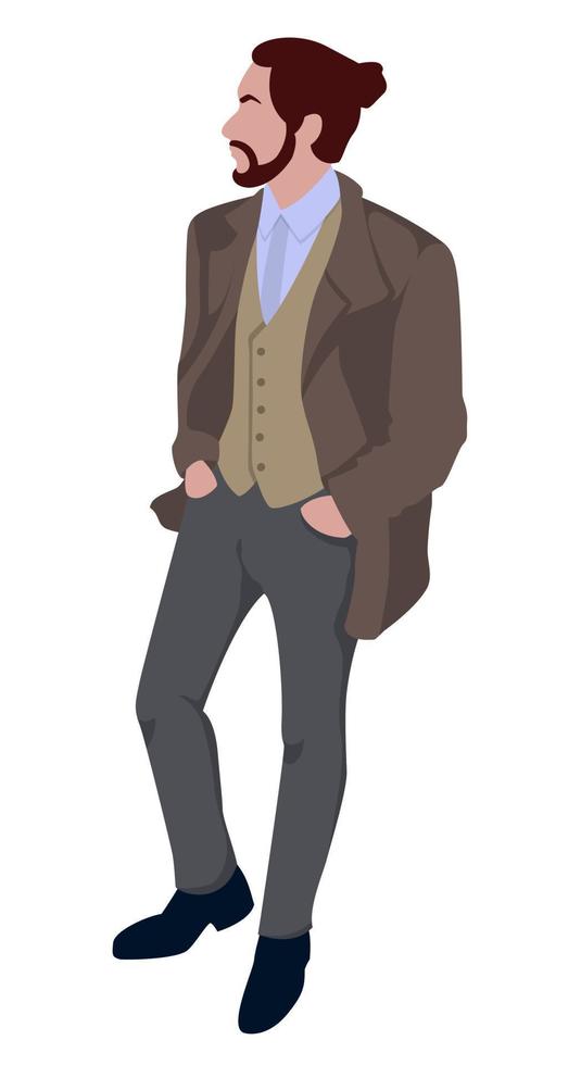 un hombre elegante con una chaqueta marrón está de pie. siluetas la persona se para media vuelta. figura masculina moda de hombres. imagen vectorial aislada sobre fondo blanco. vector