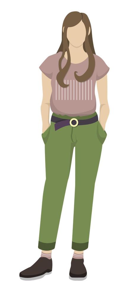 A girl with long hair stands and holds her hands in her pocket. Pink shirt, khaki breeches. vector