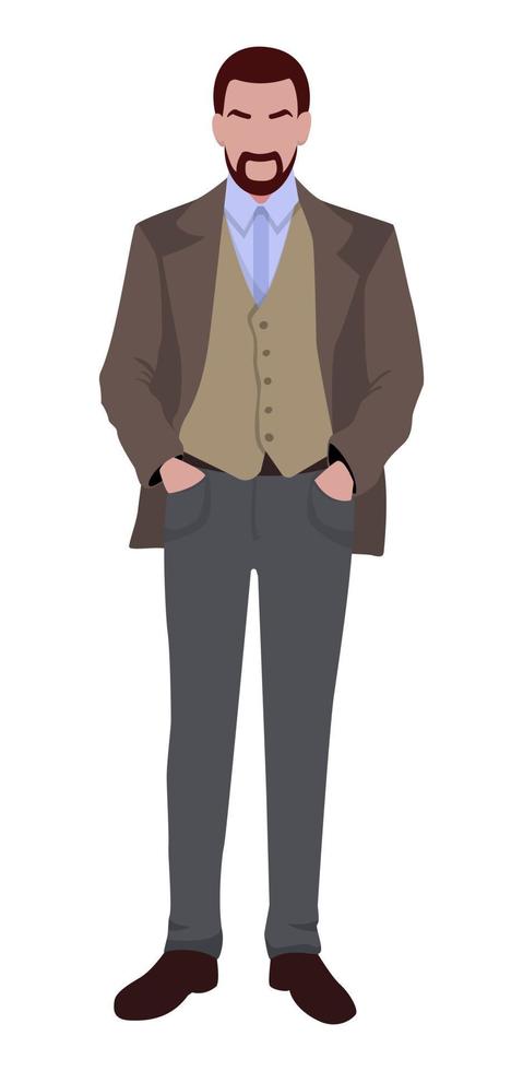 un hombre elegante con una chaqueta marrón está de pie. siluetas figura masculina moda de hombres. imagen vectorial aislada sobre fondo blanco. vector