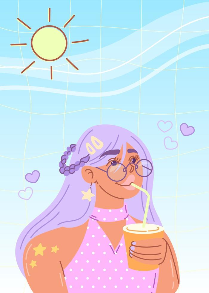 linda chica con cabello morado. el personaje de dibujos animados bebe refrescos. ilustración de verano. vector colorido.