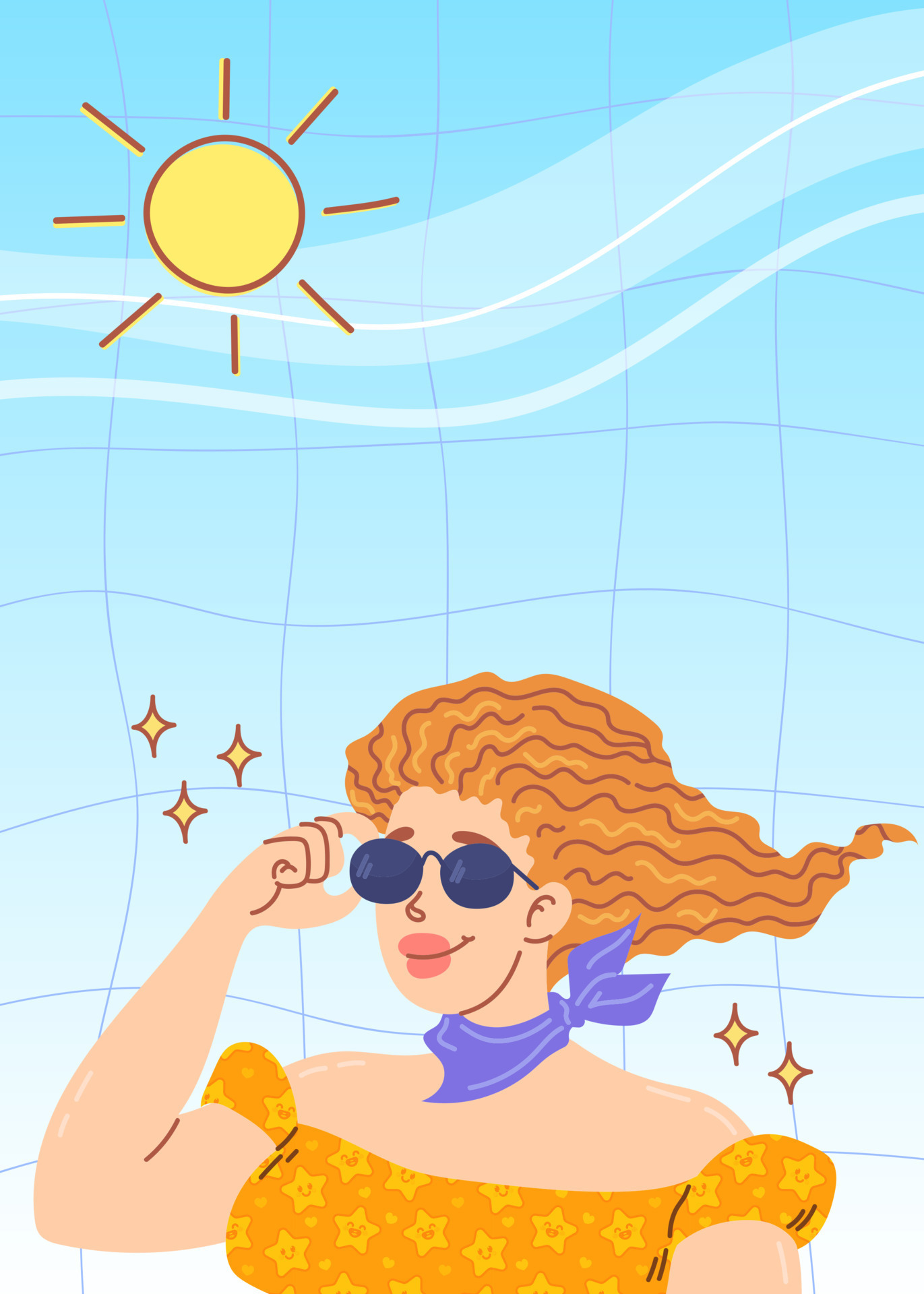 Cool girl with sunglasses. Red curly hairstyle. Summer illustration.  Colorful vector. 11873210 Vector Art at Vecteezy