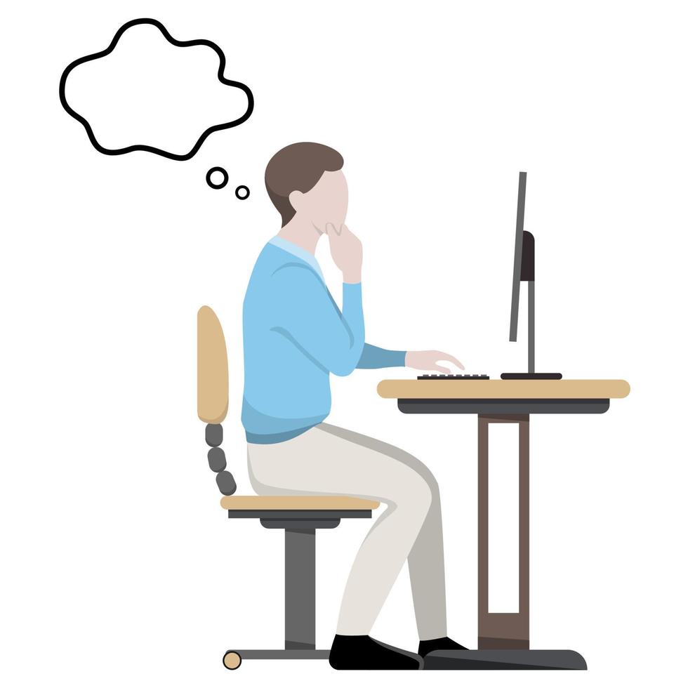 An office worker sits at a computer. The person is thinking about ideas. Working day. The working process. Inspiration. Searching of decisions. Flat vector illustration isolated on white background.