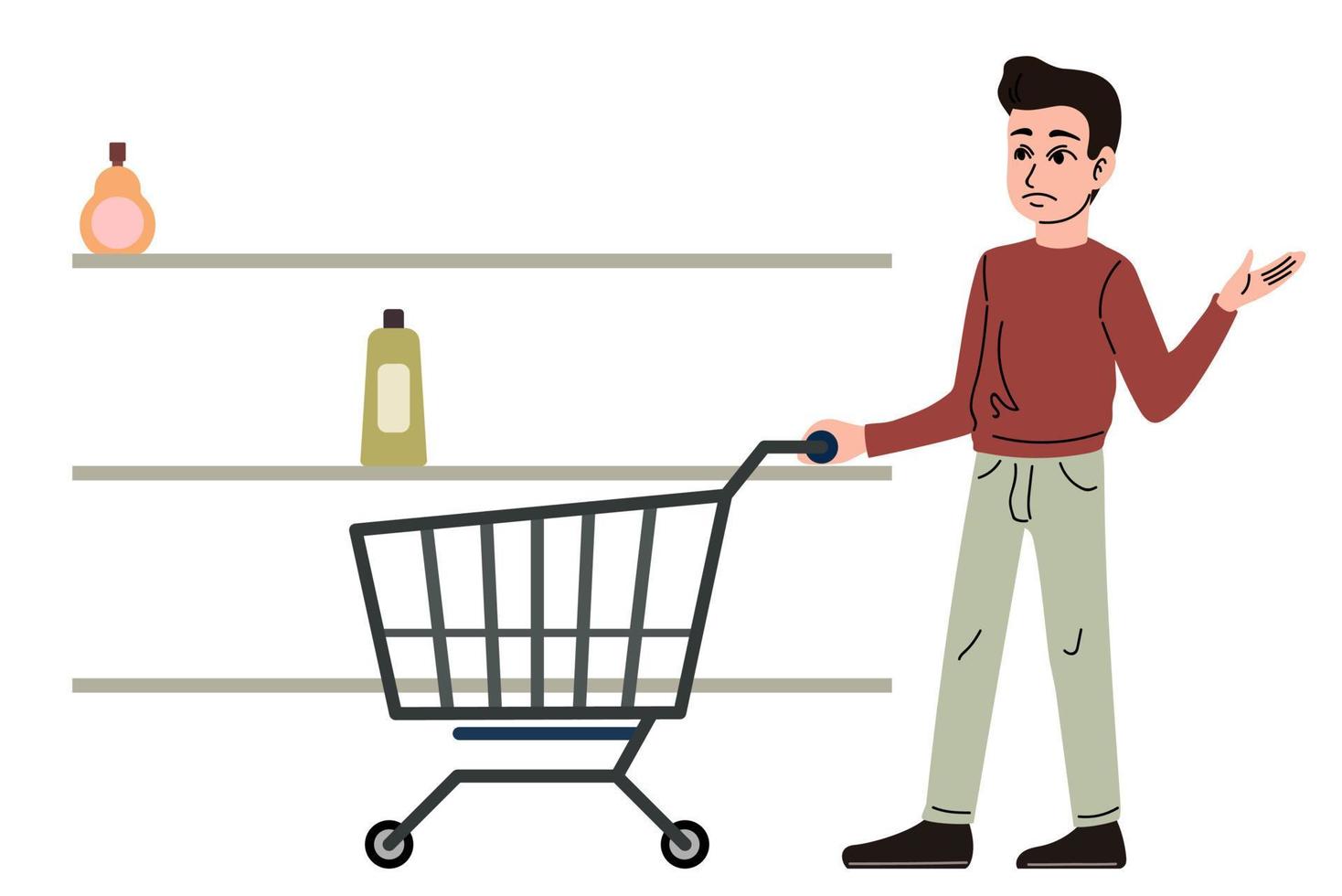 Sad man stands in an empty store. Lack of goods on the shelves. Economic crisis. Vector illustration.