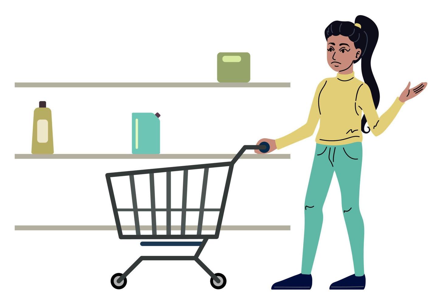 Sad woman stands in an empty store. Lack of goods on the shelves. Economic crisis. Vector illustration.