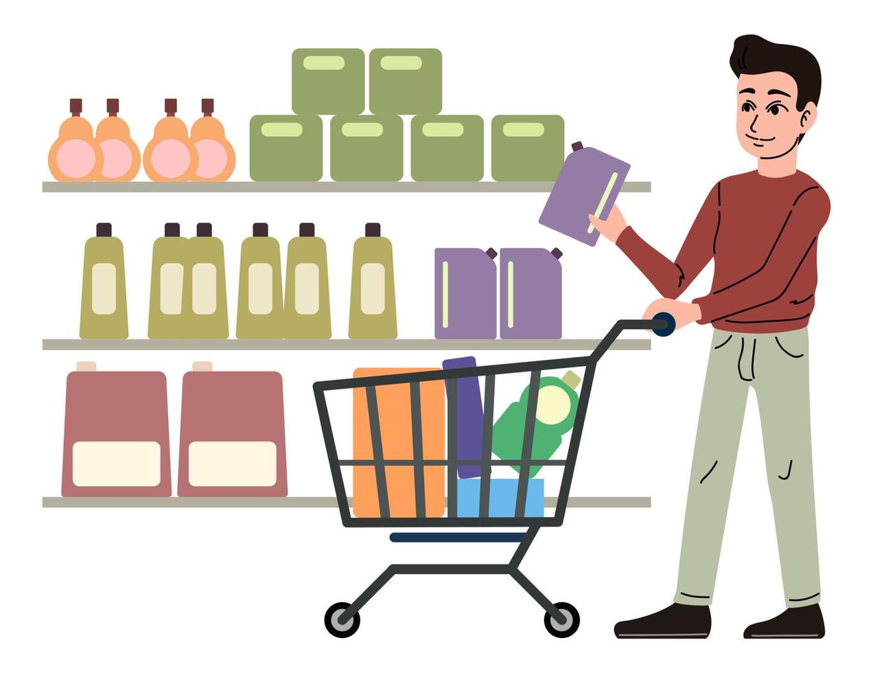 Man chooses goods in a store. Customer with a cart full of products and goods. Aisles with household chemicals in the supermarket. Vector illustration on a white background.