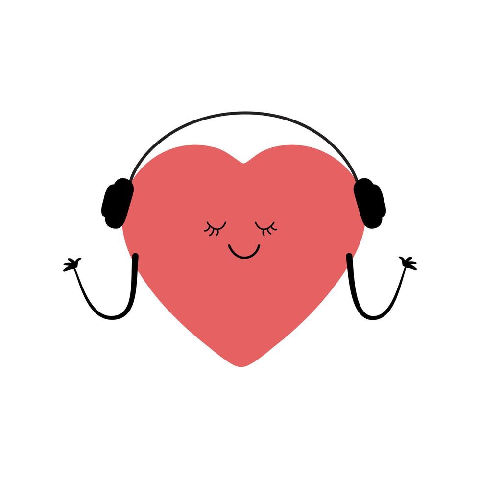 Cute smiling heart isolated on white background. Heart in headphones listens to music. Vector cartoon character illustration.