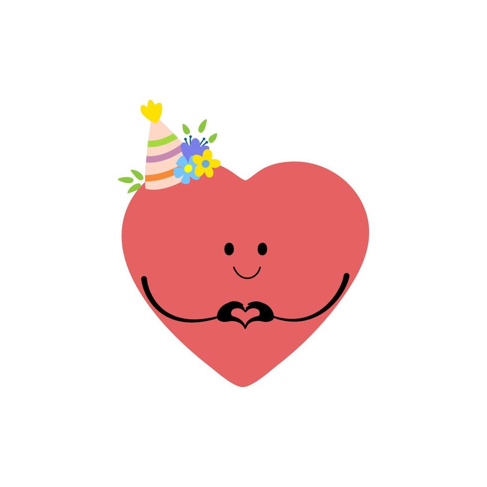 Cute smiling heart isolated on white background. Heart in a festive hat. Vector cartoon character illustration.