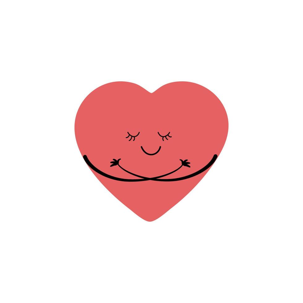 Cute smiling heart isolated on white background. Hugging yourself, the concept of calmness and self-love. Vector cartoon character illustration.