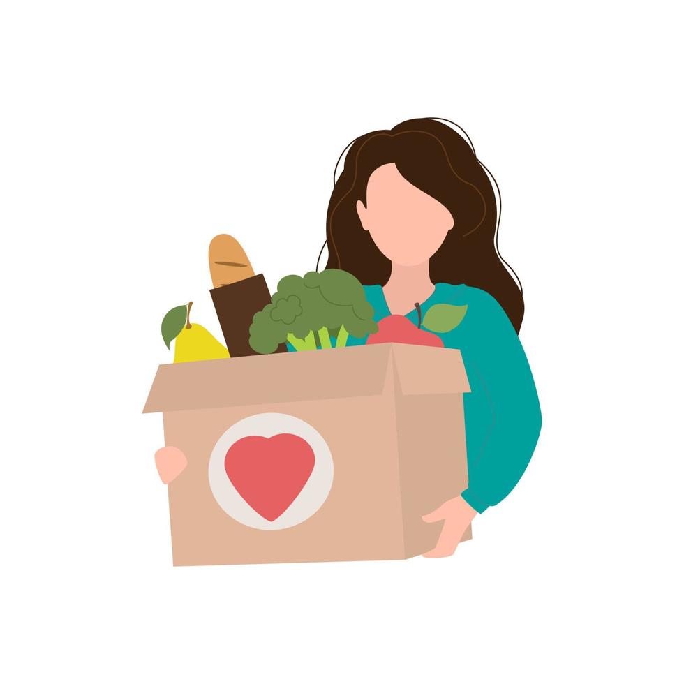 Volunteer girl holding food box. Concept of help, social care, volunteering, support for poor people. Cartoon flat vector illustration.