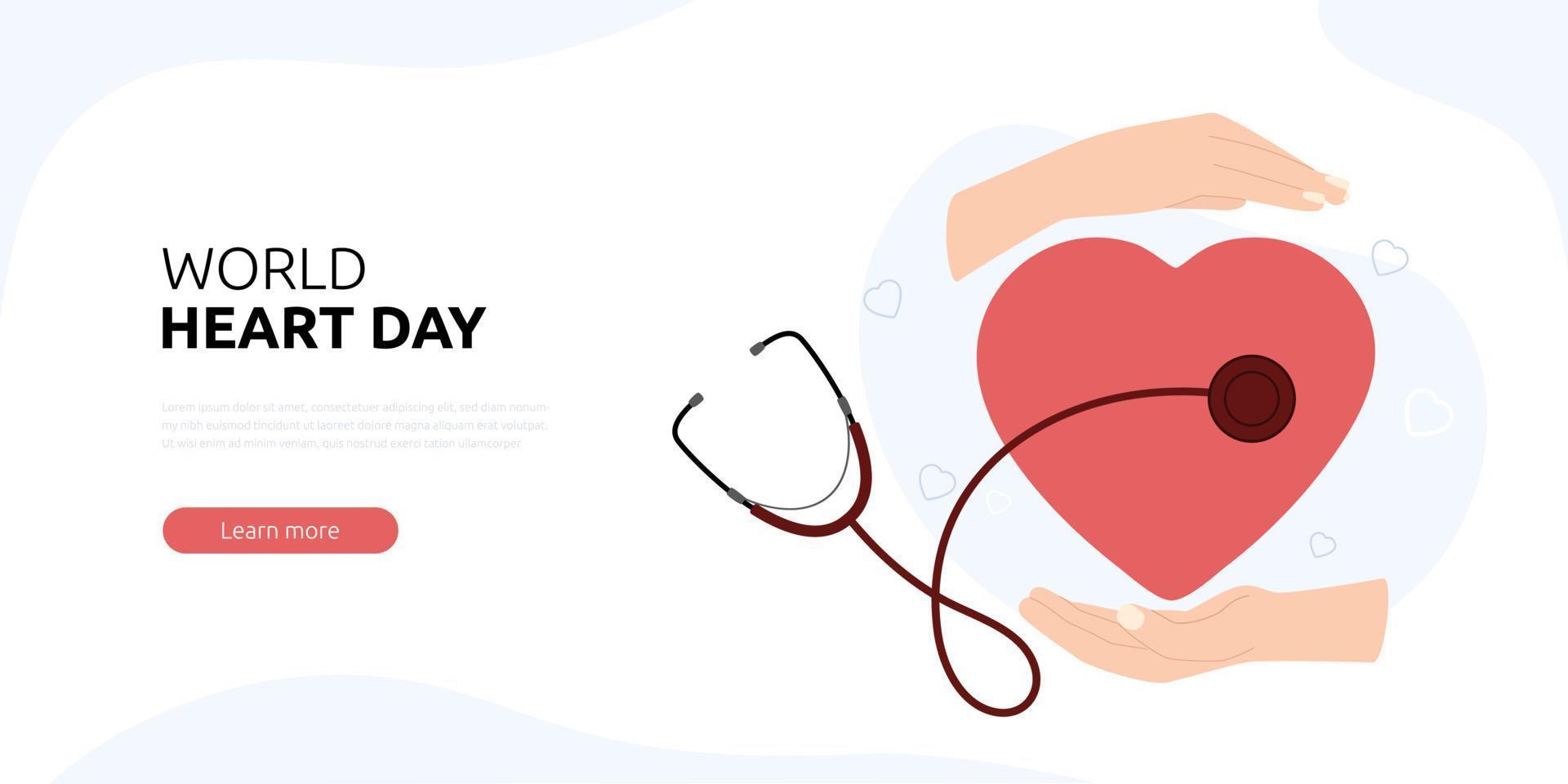 World heart day web banner or landing page. Hands hold heart and phonendoscope.Vector illustration isolated on white background. vector