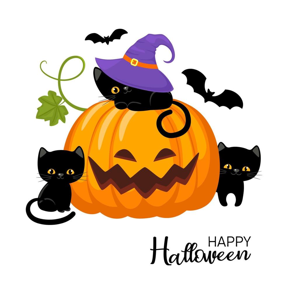 Halloween pumpkins with blacks cats. Scary pumpkin with smile. Vector illustration isolated on white background. Halloween and autumn concept.