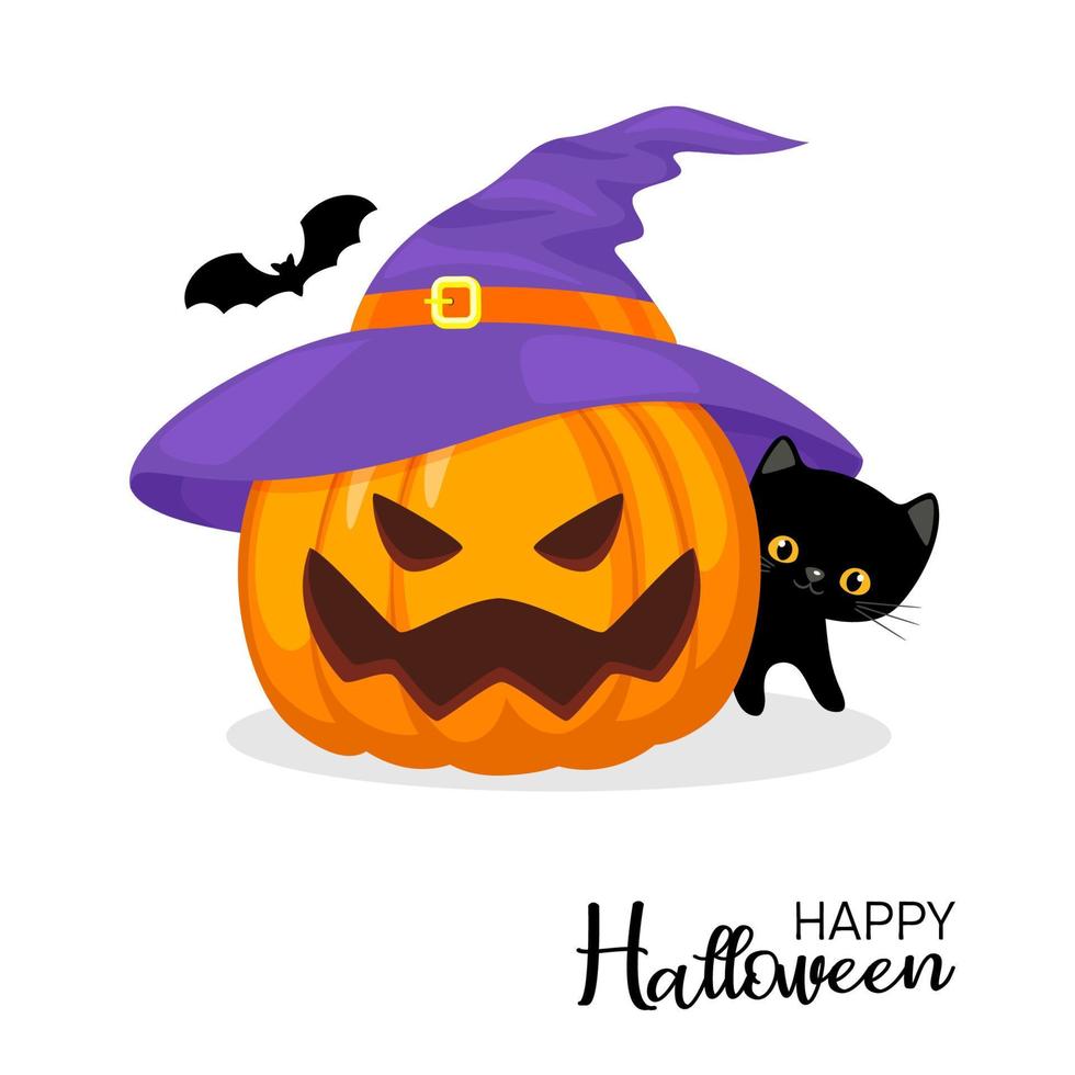 Happy Halloween. Orange big pumpkins witch hat and black cat. Scary pumpkin with smile. Vector illustration isolated on white background. Halloween and autumn concept.